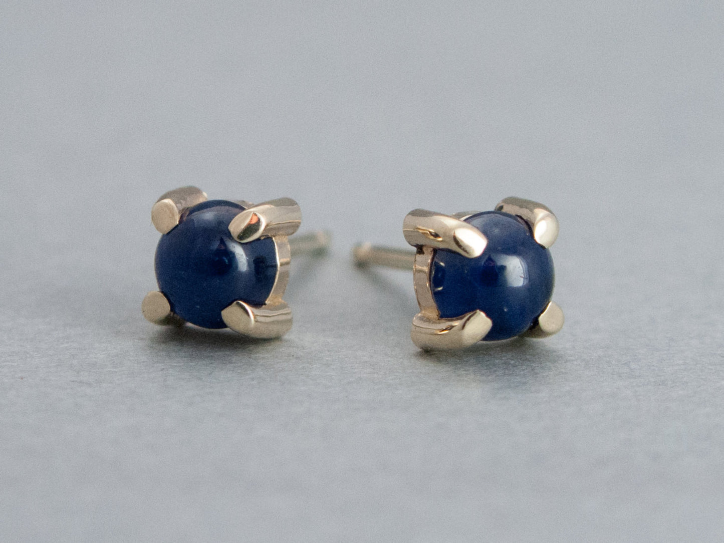 Blue Sapphire Cabochon 4 Prong Studs in 14k Gold - 4mm Round cabochon earrings in 14k rose, yellow or white gold