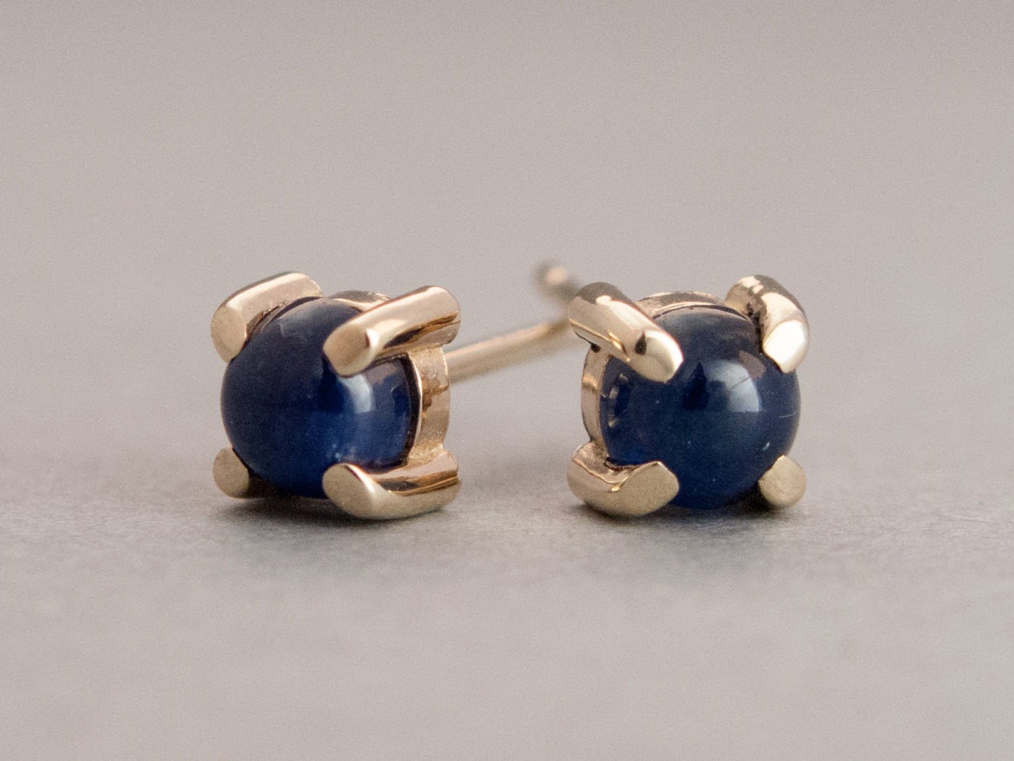 Blue Sapphire Cabochon 4 Prong Studs in 14k Gold - 4mm Round cabochon earrings in 14k rose, yellow or white gold