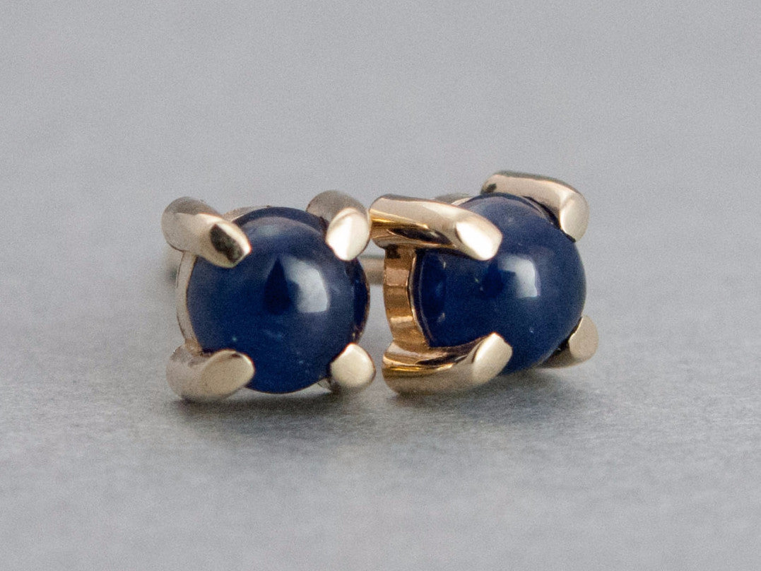 Blue Sapphire Cabochon 4 Prong Studs in 14k Gold - 4mm Round cabochon earrings in 14k rose, yellow or white gold