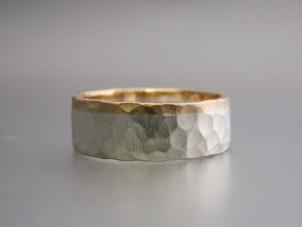 Part Of You Wide Flat Mixed Silver and Gold Wedding Band- Choice of 3mm-8mm widths, silver with a 1mm rail in white, rose or yellow gold