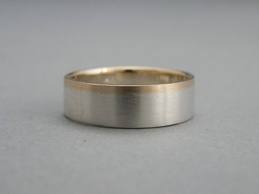 Part Of You Wide Flat Mixed Silver and Gold Wedding Band- Choice of 3mm-8mm widths, silver with a 1mm rail in white, rose or yellow gold