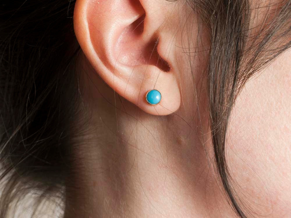 Turquoise and 14k Gold Studs - 6mm round cabochon bezel earrings