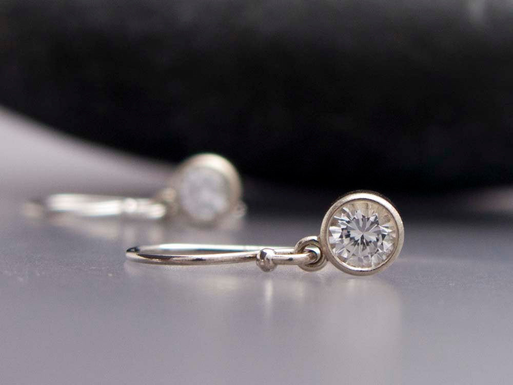 White Sapphire Gold Drop Earrings, 4mm bezel set sapphires in 14k white or yellow gold