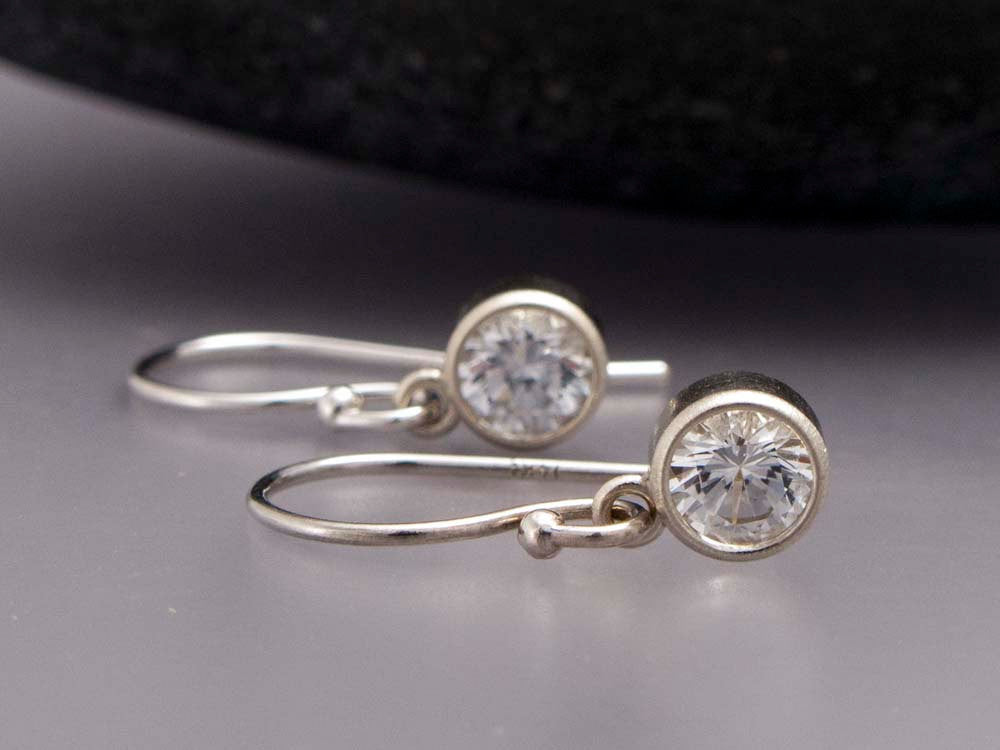 White Sapphire Gold Drop Earrings, 4mm bezel set sapphires in 14k white or yellow gold