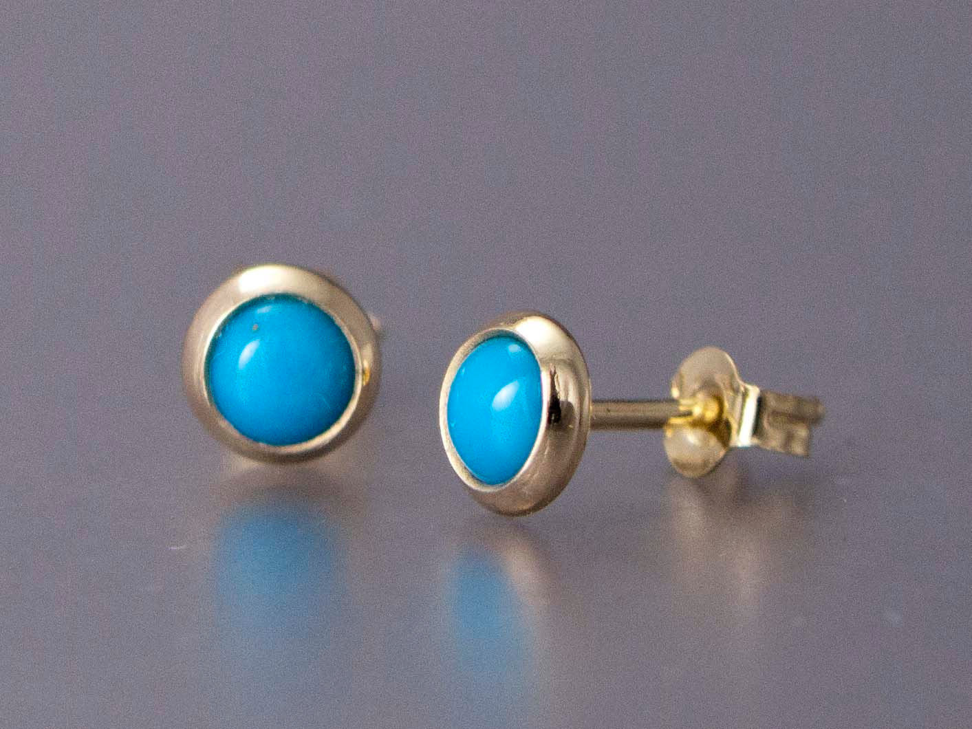 Small Turquoise 14k Gold Studs - 4mm round cabochon bezel earrings