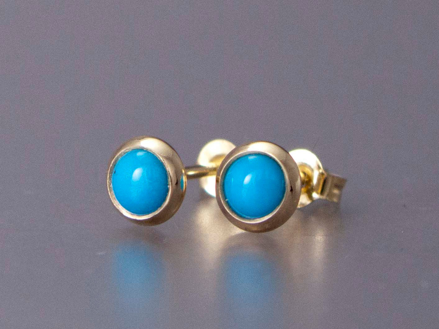Small Turquoise 14k Gold Studs - 4mm round cabochon bezel earrings