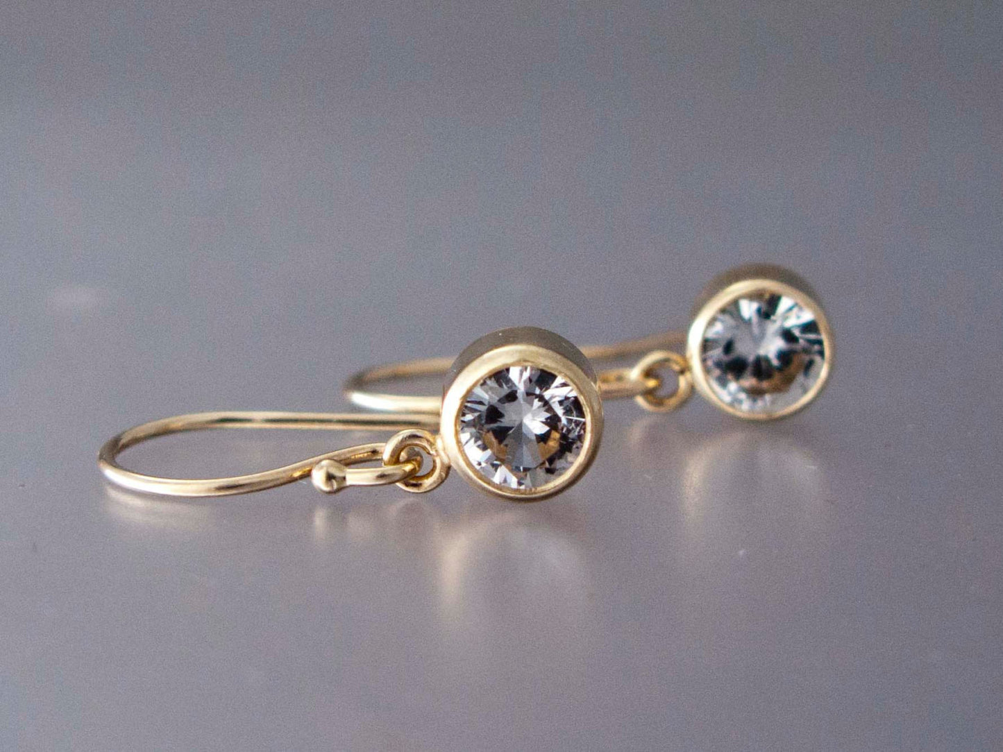 White Sapphire Gold Drop Earrings, 5mm bezel set sapphires in 14k white or yellow gold