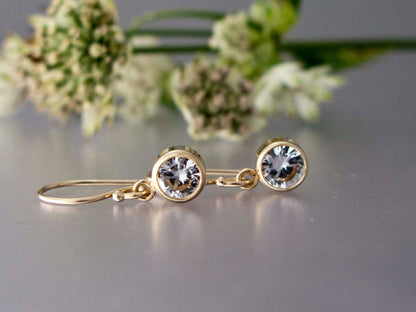 White Sapphire Gold Drop Earrings, 5mm bezel set sapphires in 14k white or yellow gold