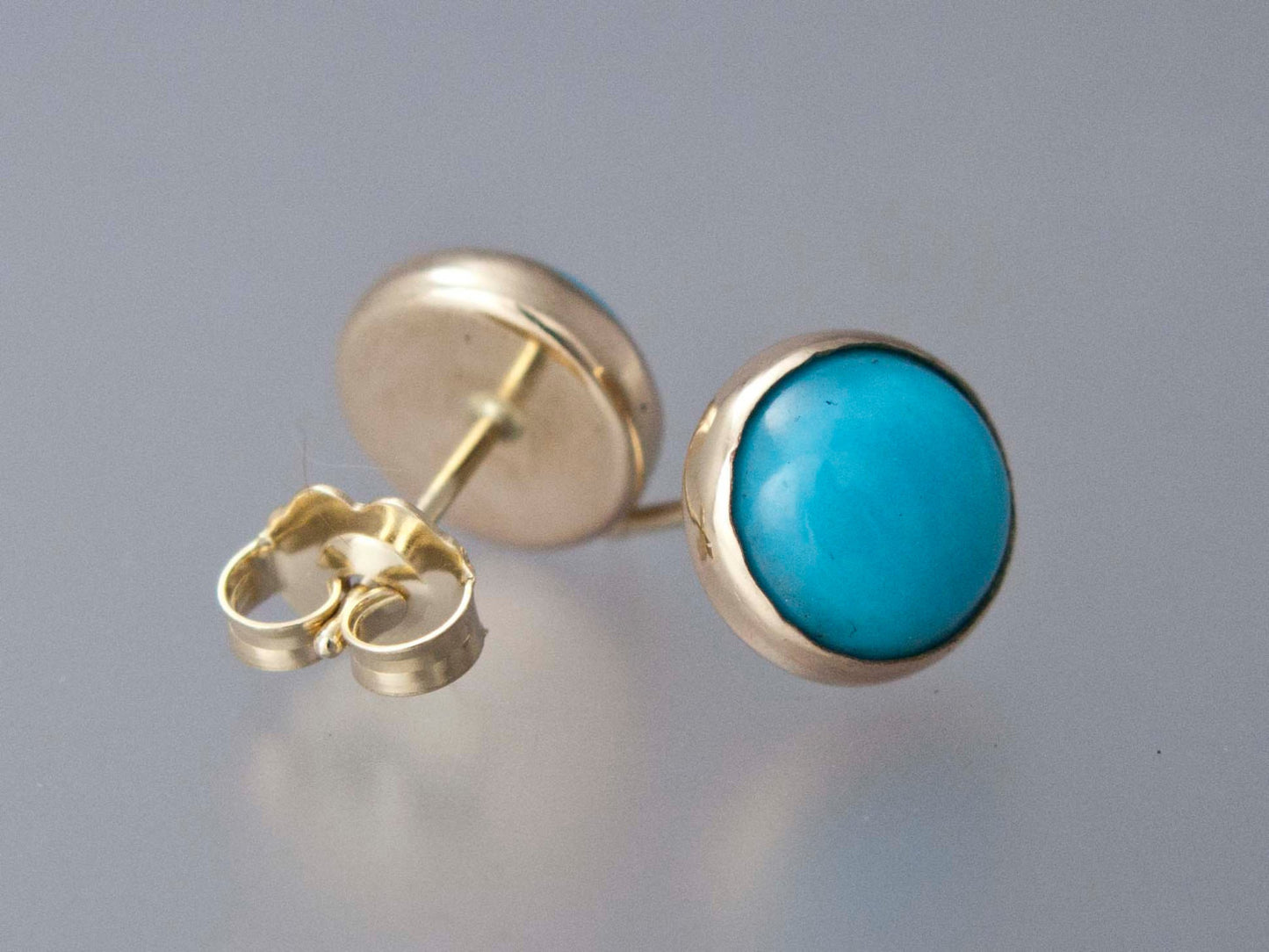 Large Turquoise Gold Studs - 8mm round cabochon bezel earrings