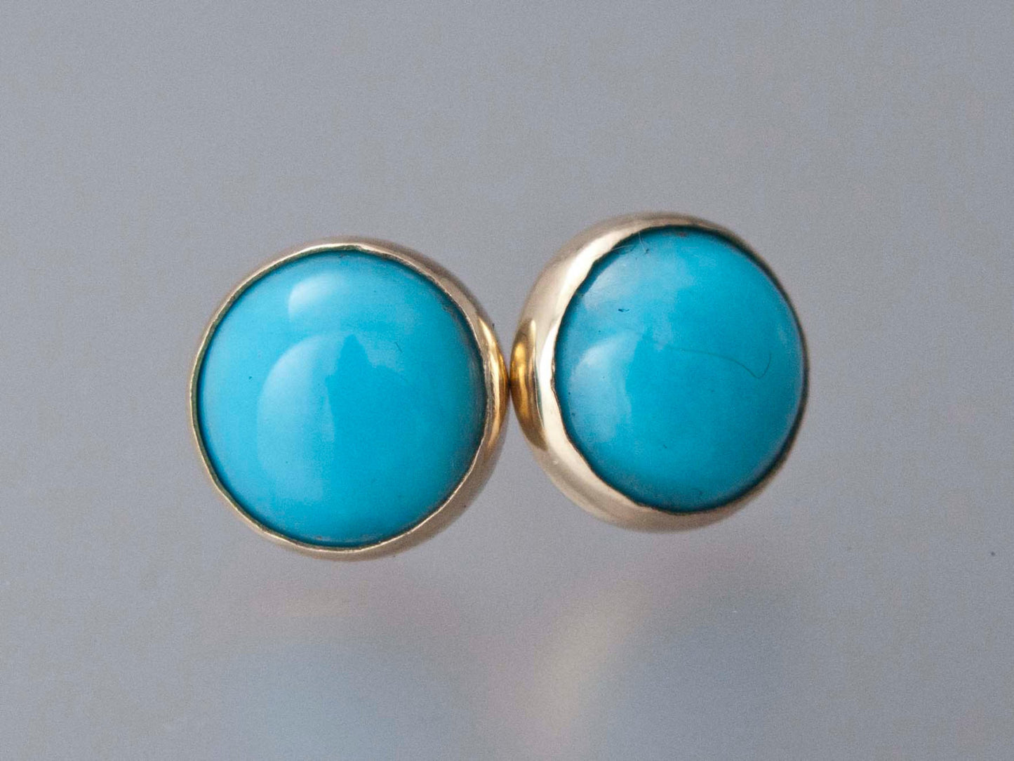 Large Turquoise Gold Studs - 8mm round cabochon bezel earrings