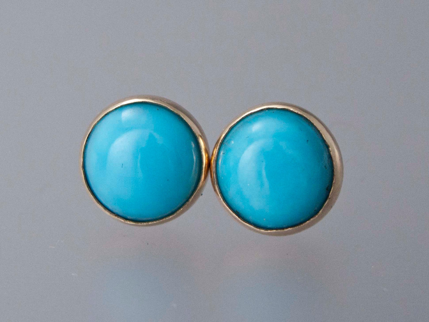 Large Turquoise Gold Studs - 8mm round cabochon bezel earrings