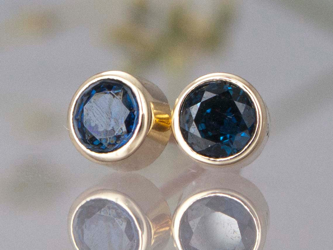 Blue Sapphire Stud Earrings in 14k Gold Bezels - Choice of yellow or white gold