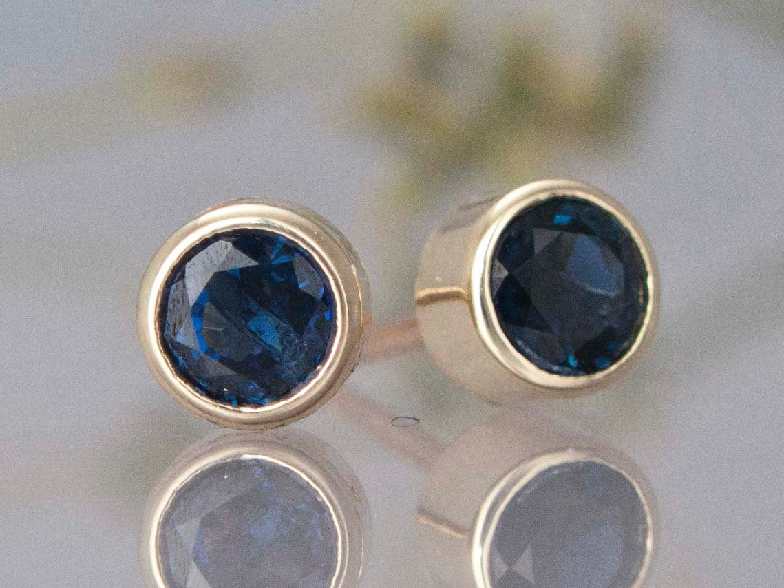 Blue Sapphire Stud Earrings in 14k Gold Bezels - Choice of yellow or white gold