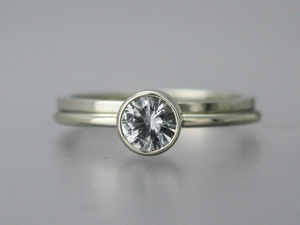 Moissanite Solitaire Engagement Ring with Stacked Bezel and a 1.3mm Round Band in 14k Gold 3mm-6mm Lab Grown Diamond Alternative