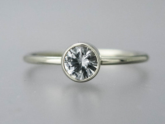 Moissanite Solitaire Engagement Ring with Stacked Bezel and a 1.3mm Round Band in 14k Gold 3mm-6mm Lab Grown Diamond Alternative