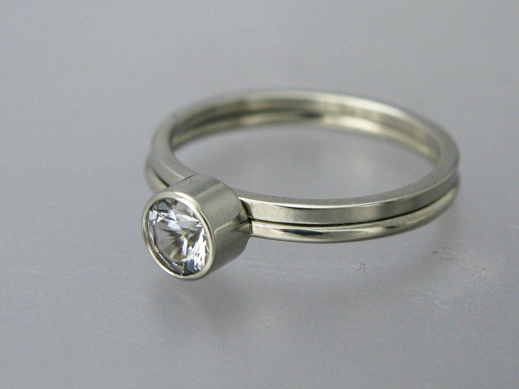 Moissanite Solitaire Engagement Ring with Stacked Bezel and a 1.3mm Round Band in 14k Gold 3mm-6mm Lab Grown Diamond Alternative